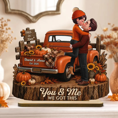 Personalized 2-Layer Wooden Plaque, Kissing Couple by a Warm Orange Fall Pickup, Unique Gift for Couples