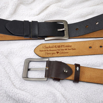 Personalized Leather Belt with Flirty Printed Message, Classic Brown Style, Unique Gift for Him or Your Partner