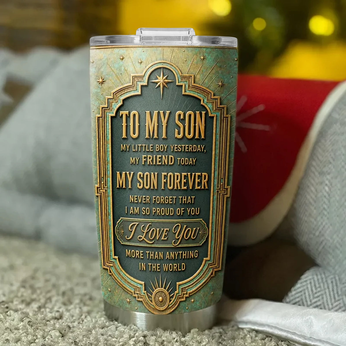 Personalized Insulated Travel Tumbler, Father and Son Arm in Arm Art, Creative Gift with a Proud Family Message