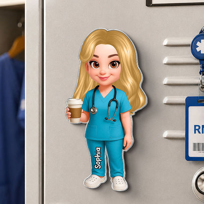 Personalized Acrylic Fridge Magnet With Cartoon Nurse Holding Coffee, Unique Gift For Nurse Coworker