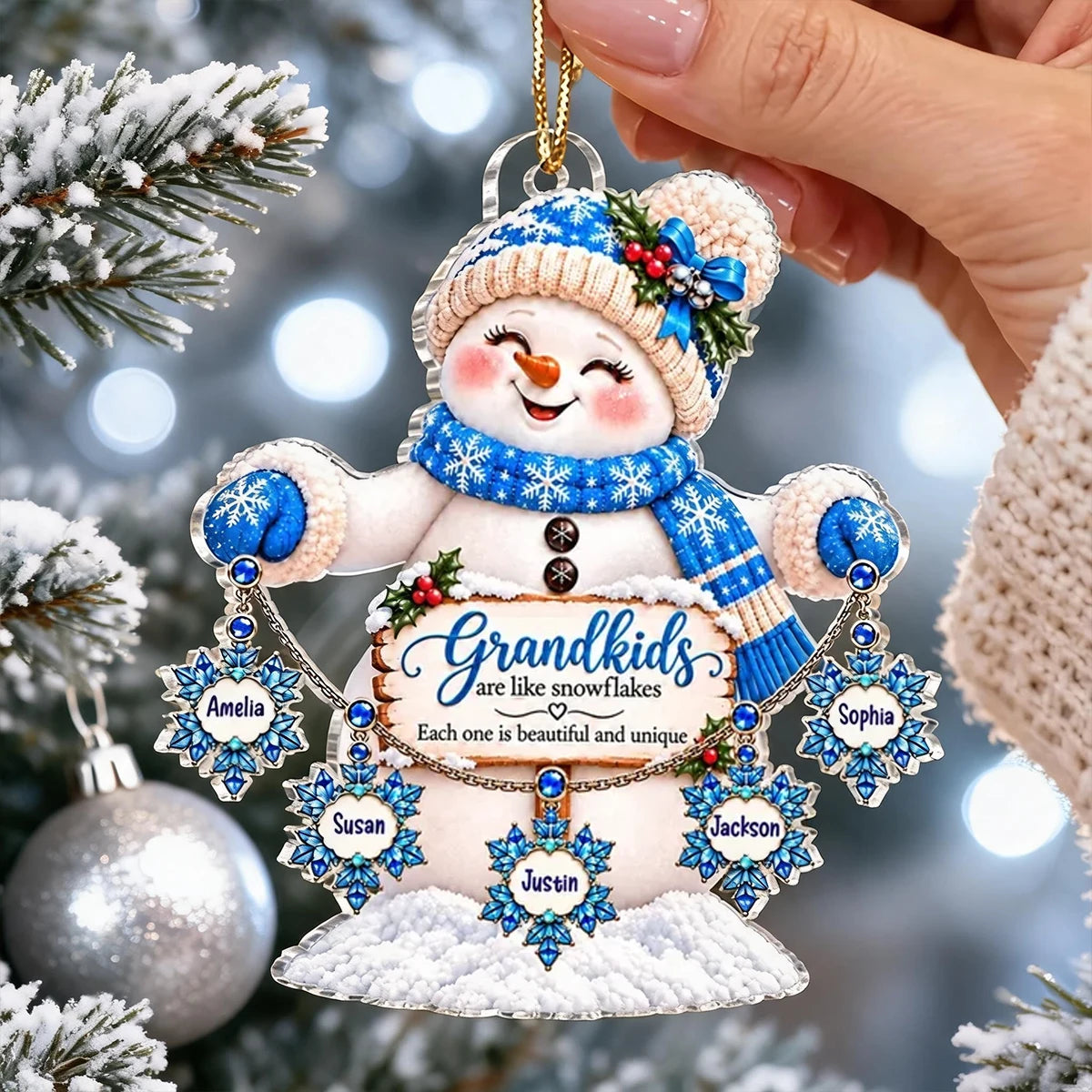 Personalized Acrylic Ornament, Blue Snowman Holding Snowflakes, Unique Christmas Gift for Grandma