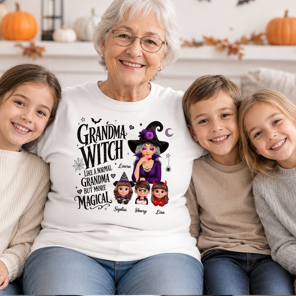 Personalized Grandma Witch Classic Tee, Sipping Witch & Grandkid Art, Unique Halloween Gift For Grandma