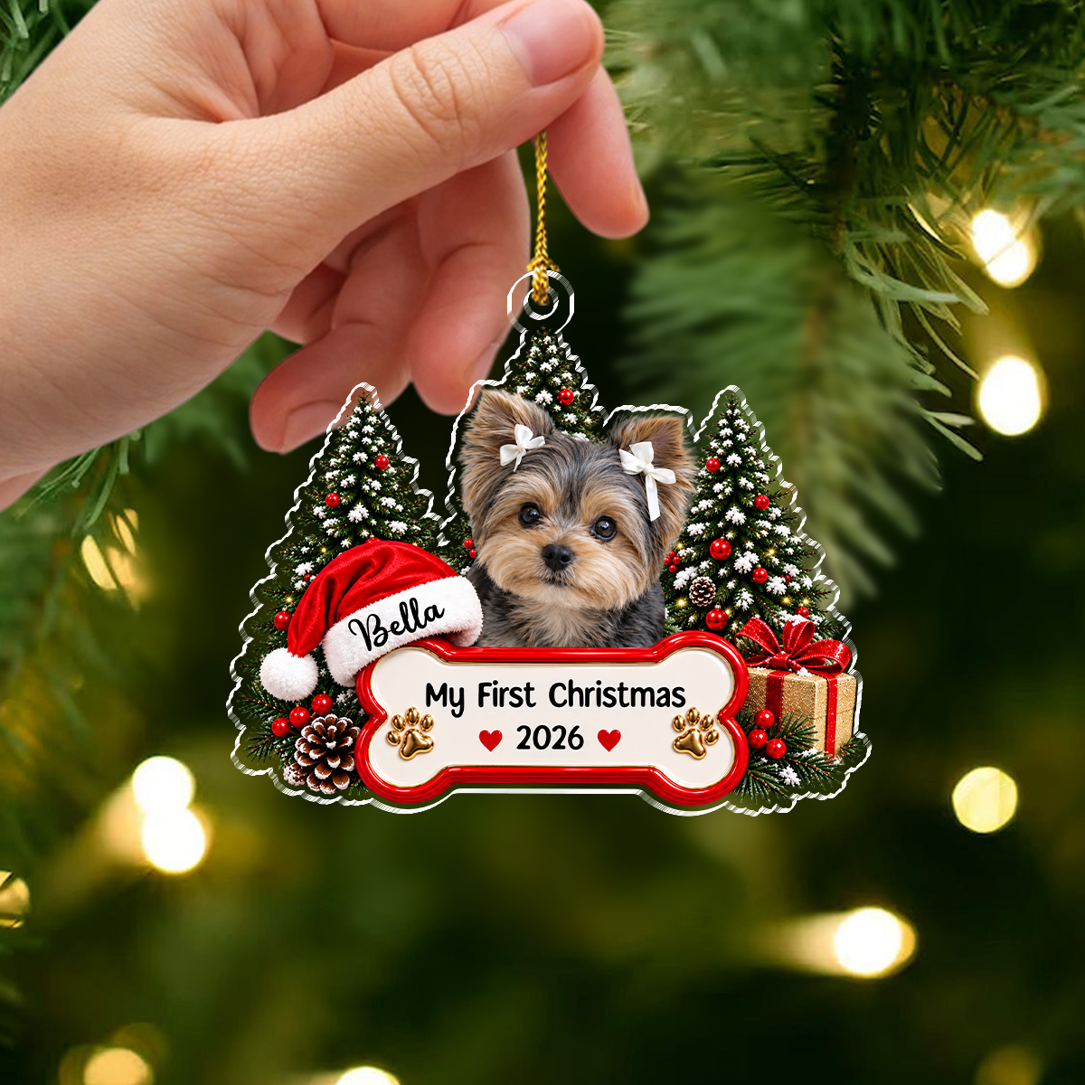 Custom Pet Photo Acrylic Ornament, Snowy Christmas Tree Scene, Unique Gift for Pet Parents