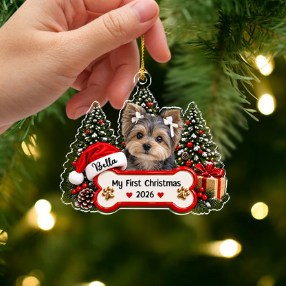 Custom Pet Photo Acrylic Ornament, Snowy Christmas Tree Scene, Unique Gift for Pet Parents