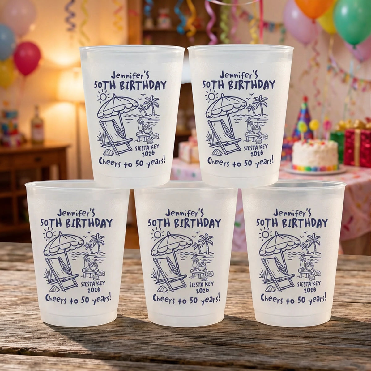 Personalized Milestone Birthday Party Cups | Custom Name & Age Beach Celebration Cups