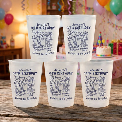 Personalized Milestone Birthday Party Cups | Custom Name & Age Beach Celebration Cups