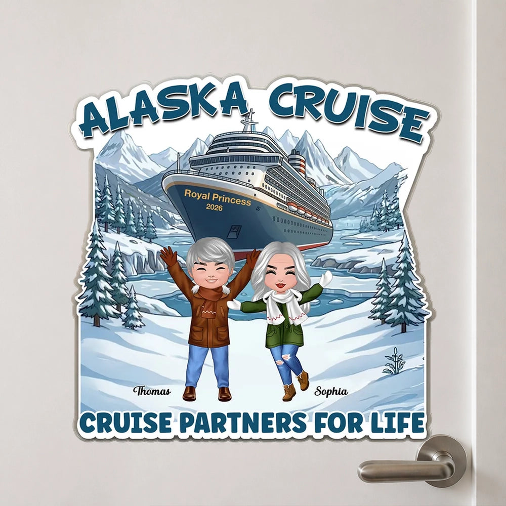 Personalized Alaska Cruise Acrylic Magnet for Couples, Cartoon Waving in Snowy Mountains, Unique Travel Gift 商品缩略图