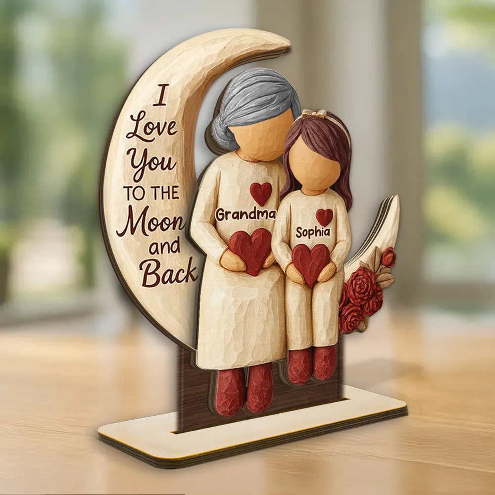 Personalized 2-Layer Wooden Plaque Grandma Grandpa and Grandchild on Moon We Love You to the Moon and Back Unique Gift