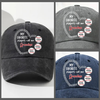 Personalized Washed Denim Baseball Cap, My Favorite Players Call Me Grandma, Vintage Baseball Gift for Grandma