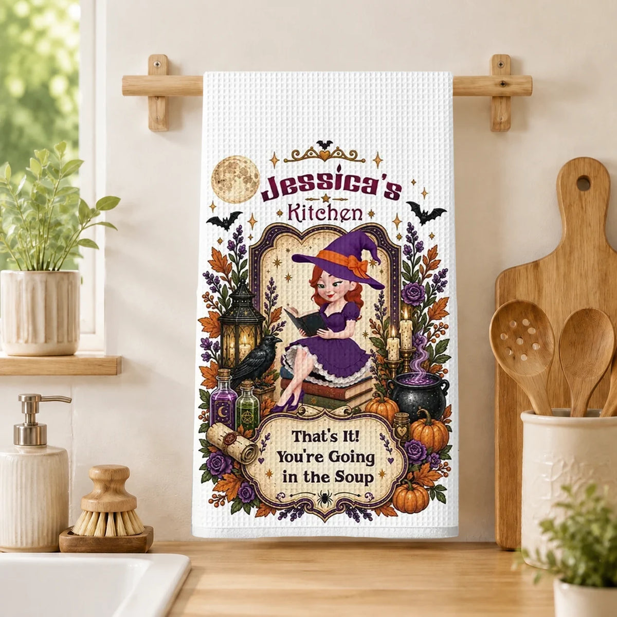 You're Going in the Soup Personalized Kitchen Towel, Whimsical Witch Art, Creative Halloween Gift for Friends