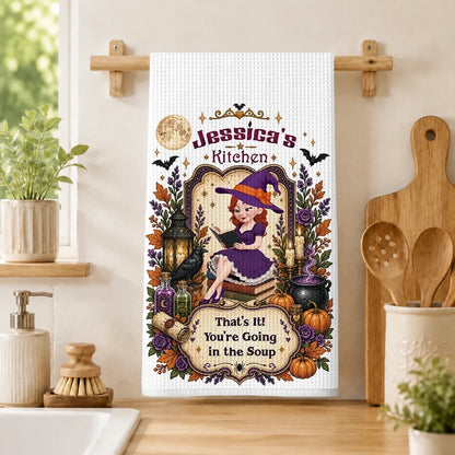 You're Going in the Soup Personalized Kitchen Towel, Whimsical Witch Art, Creative Halloween Gift for Friends