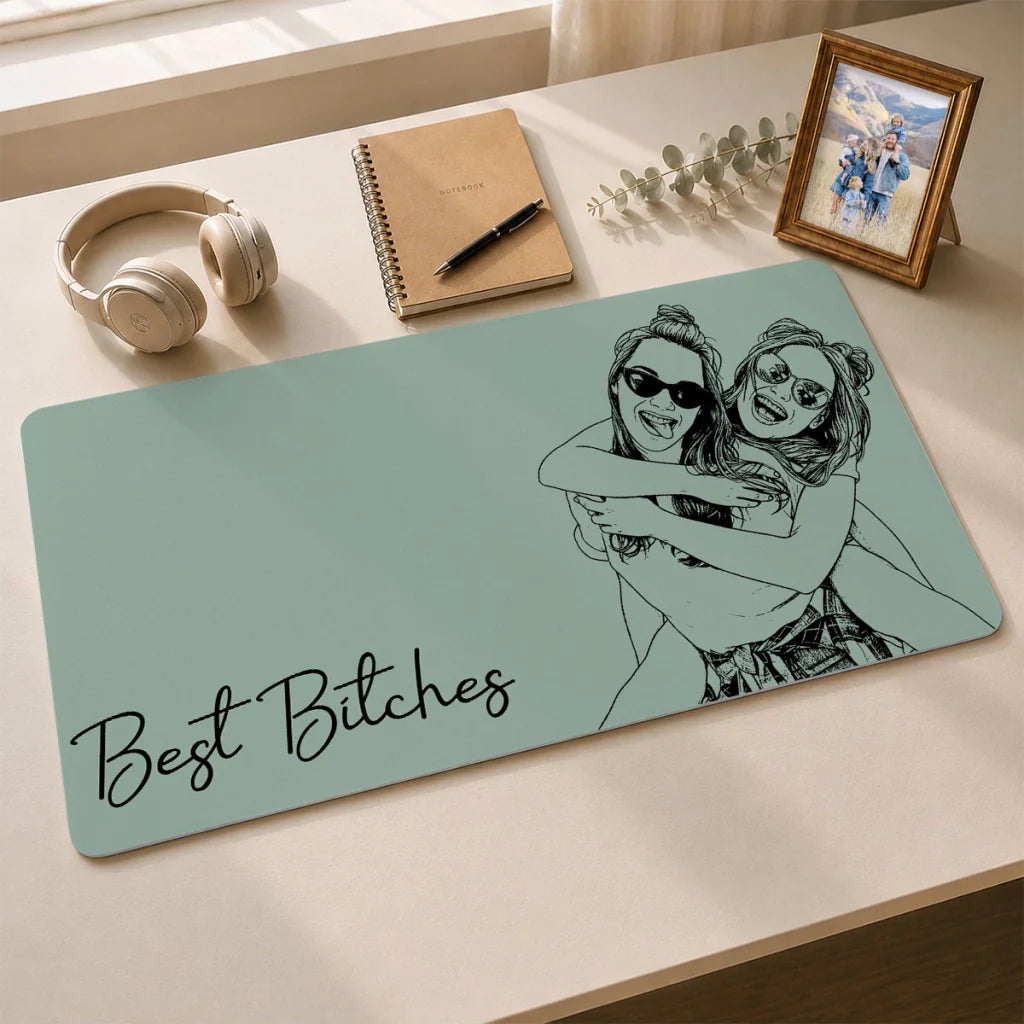 Leather Desk Mat, Personalized Friendship Quote Design with Hugging Friends, Creative Gift for Workspaces
