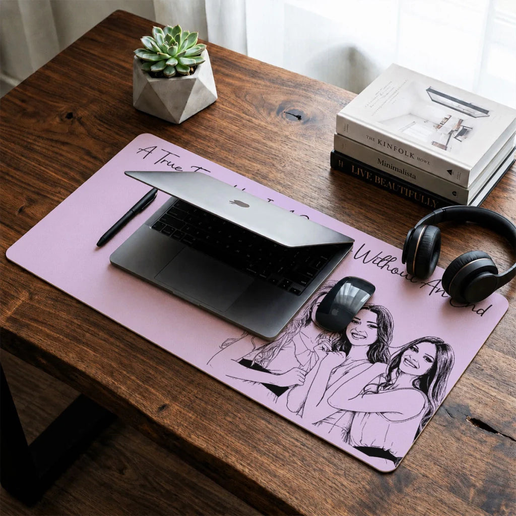 Leather Desk Mat, Personalized Friendship Quote Design with Hugging Friends, Creative Gift for Workspaces