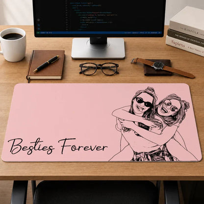 Leather Desk Mat, Personalized Friendship Quote Design with Hugging Friends, Creative Gift for Workspaces