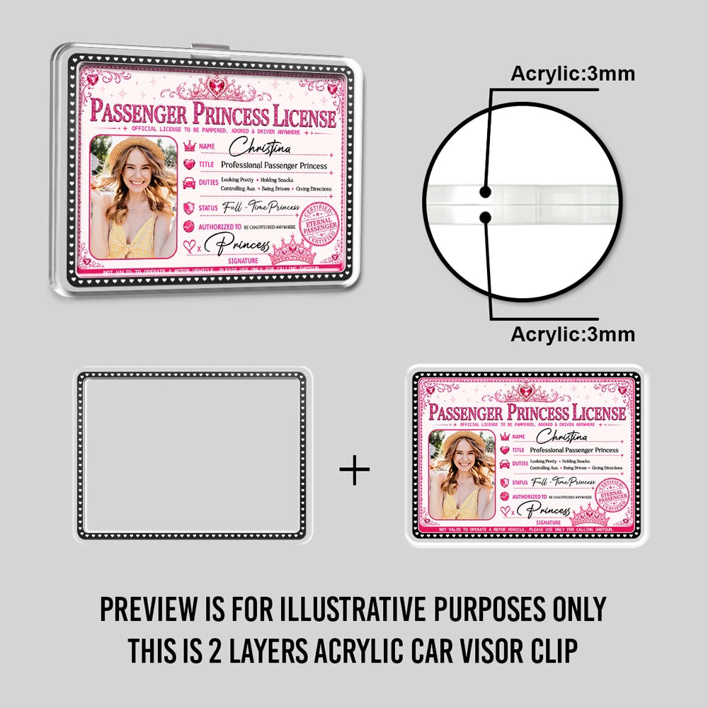 Personalized Passenger Princess Acrylic Car Visor Clip, Pink License Style, Unique Gift for Her