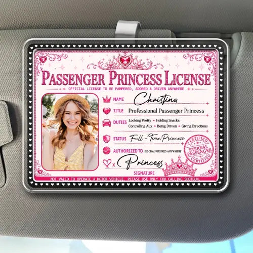 Personalized Passenger Princess Acrylic Car Visor Clip, Pink License Style, Unique Gift for Her