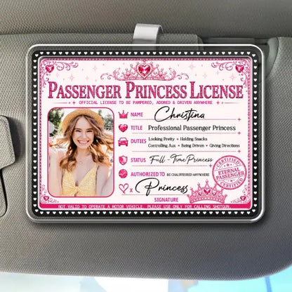 Personalized Passenger Princess Acrylic Car Visor Clip, Pink License Style, Unique Gift for Her