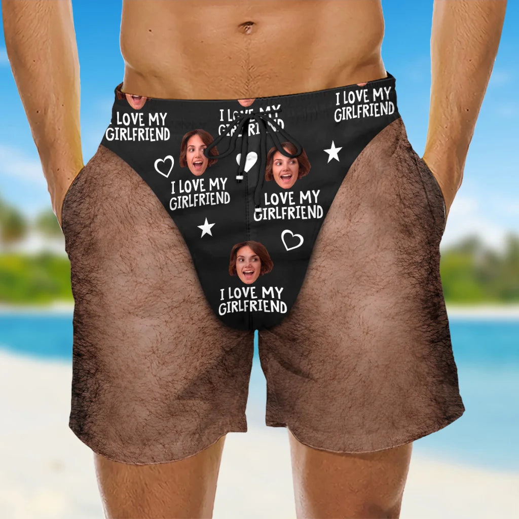 Personalized Men's Beach Shorts, I Love My Wife Red Funny Design, Unique Gift for Husband