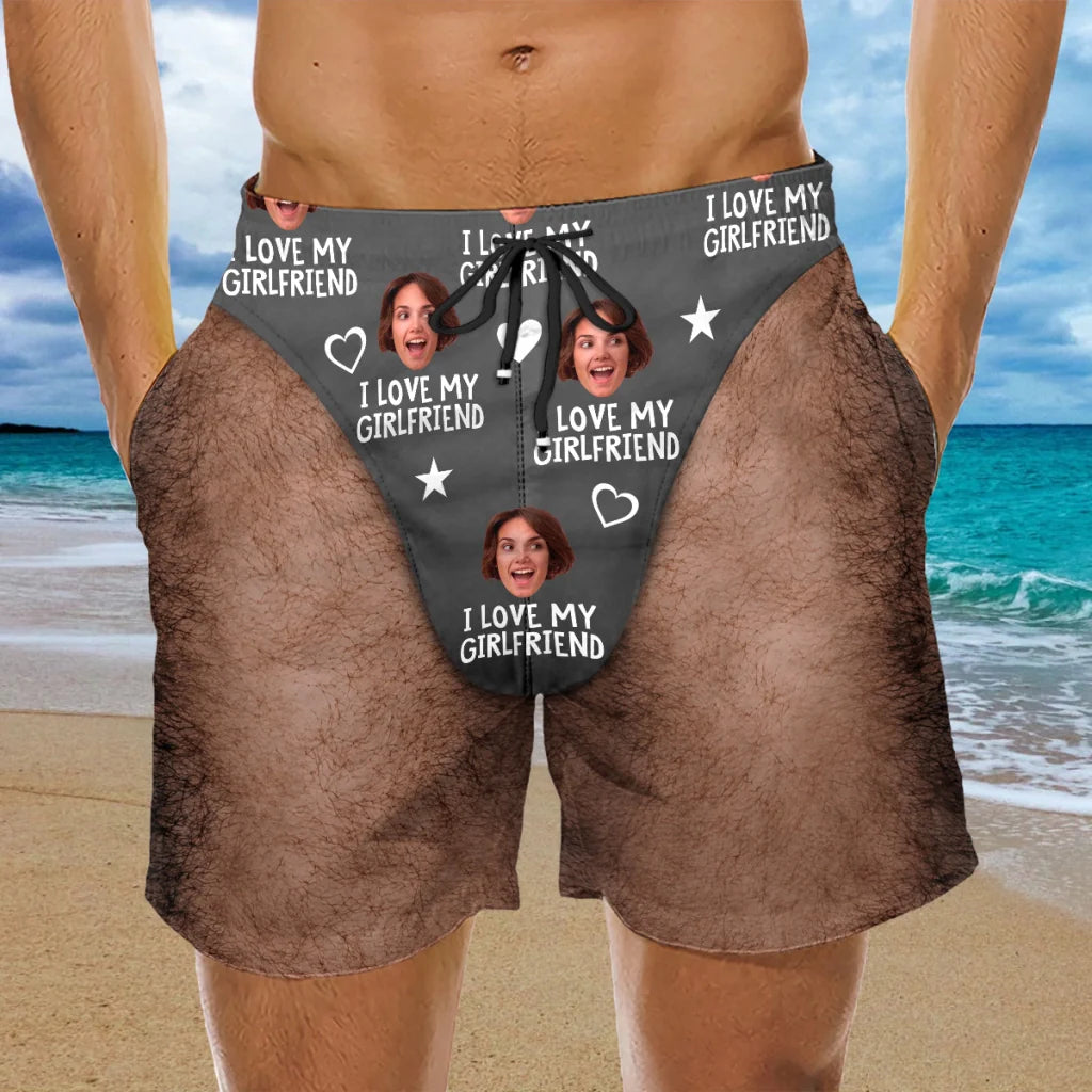 Personalized Men's Beach Shorts, I Love My Wife Red Funny Design, Unique Gift for Husband