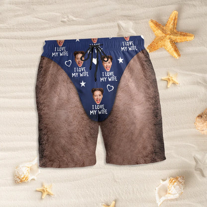 Personalized Men's Beach Shorts, I Love My Wife Red Funny Design, Unique Gift for Husband