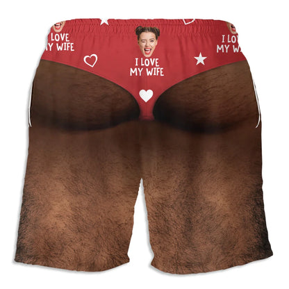 Personalized Men's Beach Shorts, I Love My Wife Red Funny Design, Unique Gift for Husband