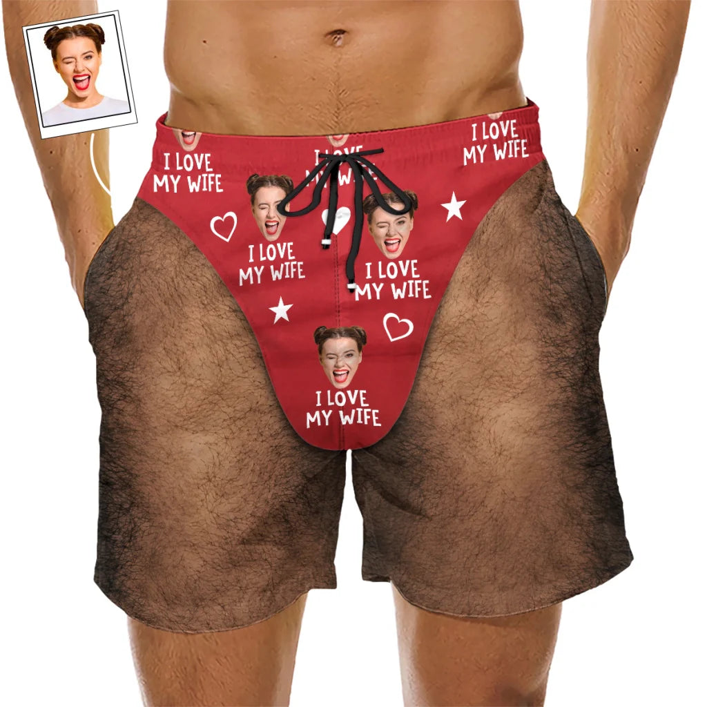Personalized Men's Beach Shorts, I Love My Wife Red Funny Design, Unique Gift for Husband