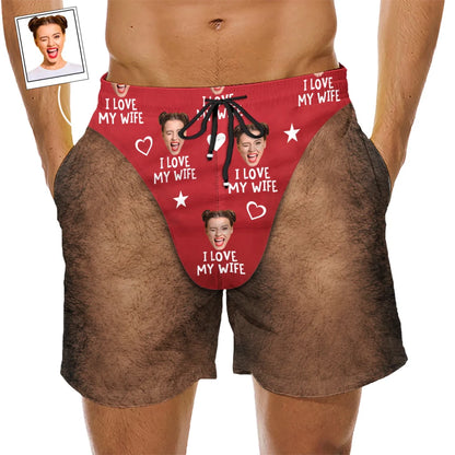 Personalized Men's Beach Shorts, I Love My Wife Red Funny Design, Unique Gift for Husband