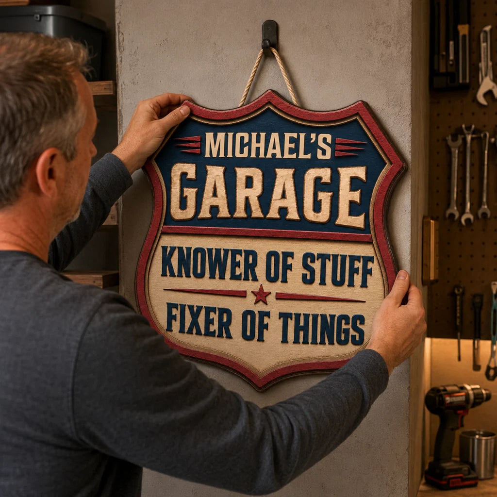 Personalized Wooden Sign for Garage, Knower of Stuff Fixer of Things, Unique Gift for Dad