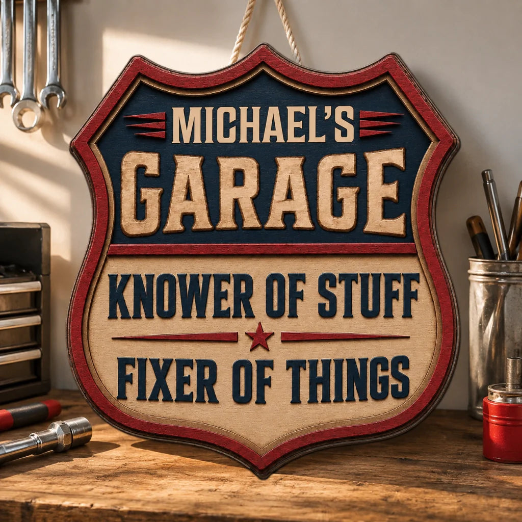 Personalized Wooden Sign for Garage, Knower of Stuff Fixer of Things, Unique Gift for Dad