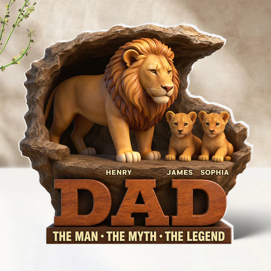 Personalized Shaped Acrylic Block Plaque With Standing Lion Dad & Cubs, Unique Father's Day Gift for Dad's Desk