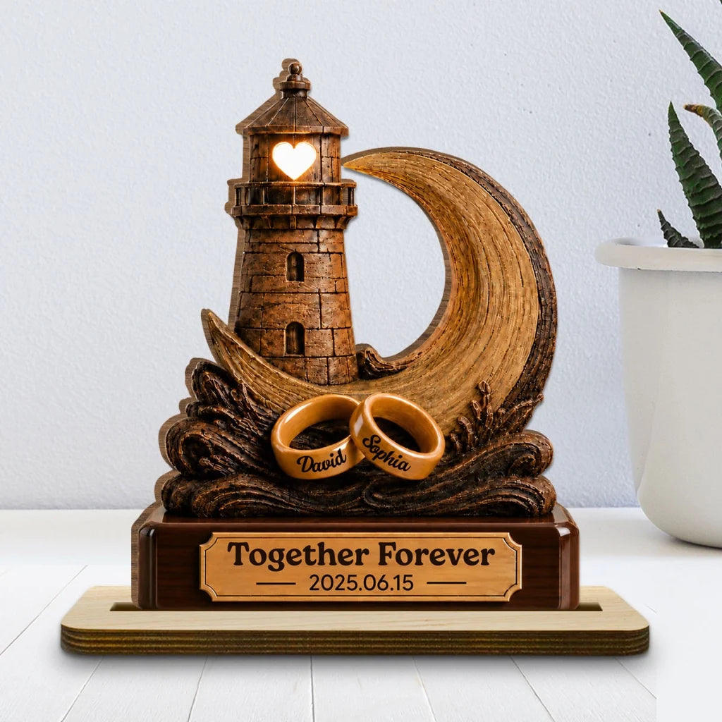 Personalized Wooden Plaque With Lighthouse, Crescent Moon & Rings, Unique Creative Gift for Couple