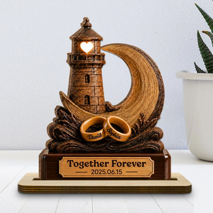 Personalized Wooden Plaque With Lighthouse, Crescent Moon & Rings, Unique Creative Gift for Couple