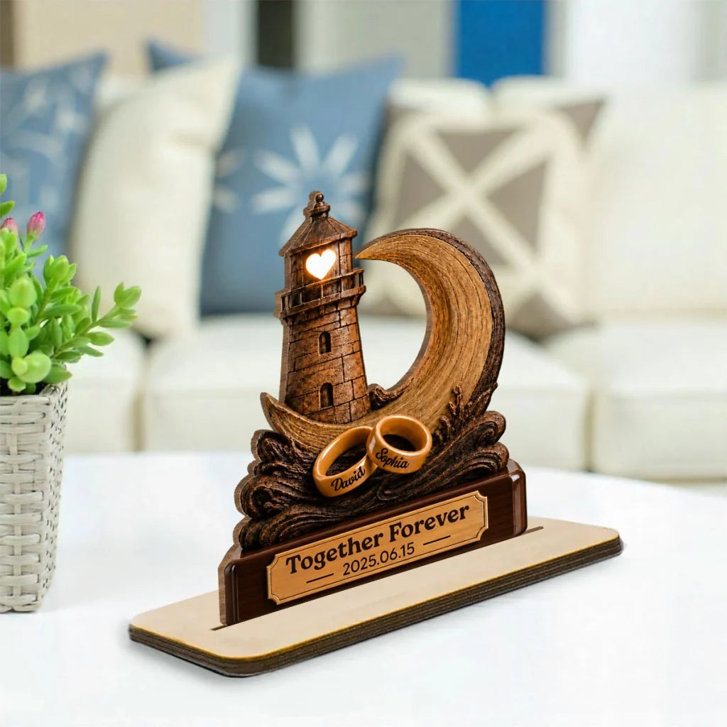 Personalized Wooden Plaque With Lighthouse, Crescent Moon & Rings, Unique Creative Gift for Couple