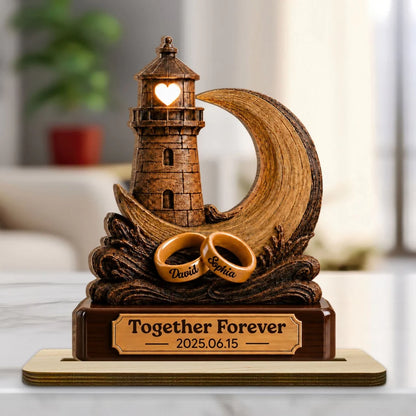 Personalized Wooden Plaque With Lighthouse, Crescent Moon & Rings, Unique Creative Gift for Couple