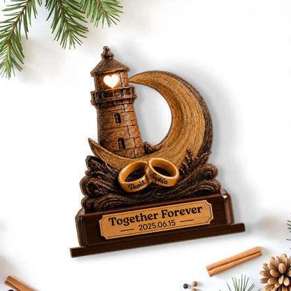 Personalized Wooden Plaque With Lighthouse, Crescent Moon & Rings, Unique Creative Gift for Couple