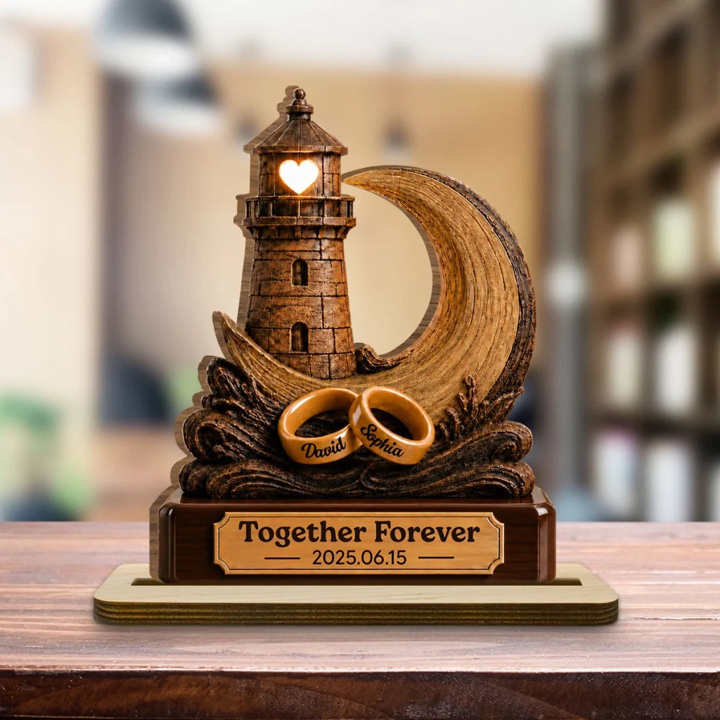 Personalized Wooden Plaque With Lighthouse, Crescent Moon & Rings, Unique Creative Gift for Couple