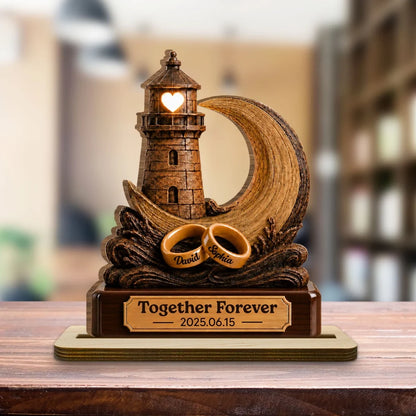 Personalized Wooden Plaque With Lighthouse, Crescent Moon & Rings, Unique Creative Gift for Couple