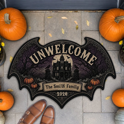 Personalized Bat Doormat, Gothic Haunted House Design for Halloween Entryway, Unique Gift for Families