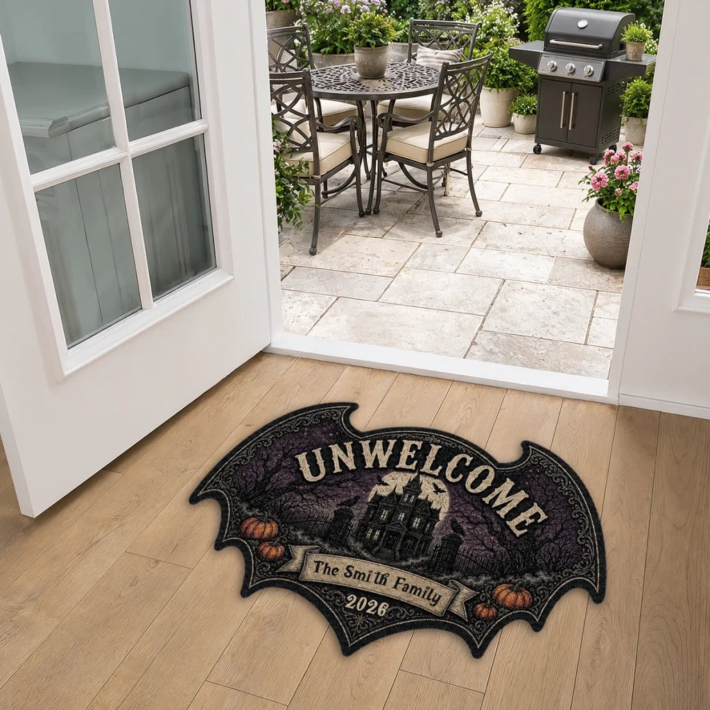 Personalized Bat Doormat, Gothic Haunted House Design for Halloween Entryway, Unique Gift for Families