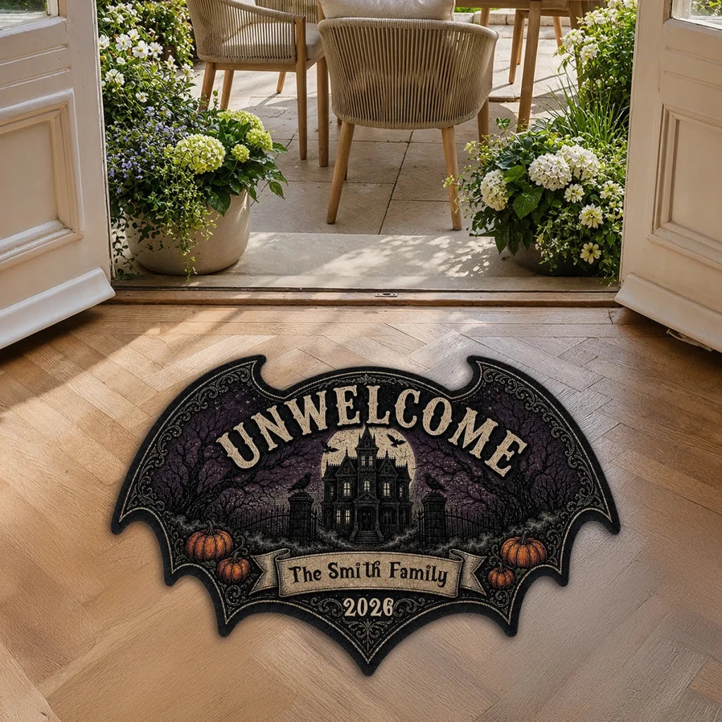 Personalized Bat Doormat, Gothic Haunted House Design for Halloween Entryway, Unique Gift for Families