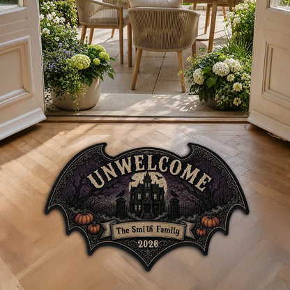 Personalized Bat Doormat, Gothic Haunted House Design for Halloween Entryway, Unique Gift for Families