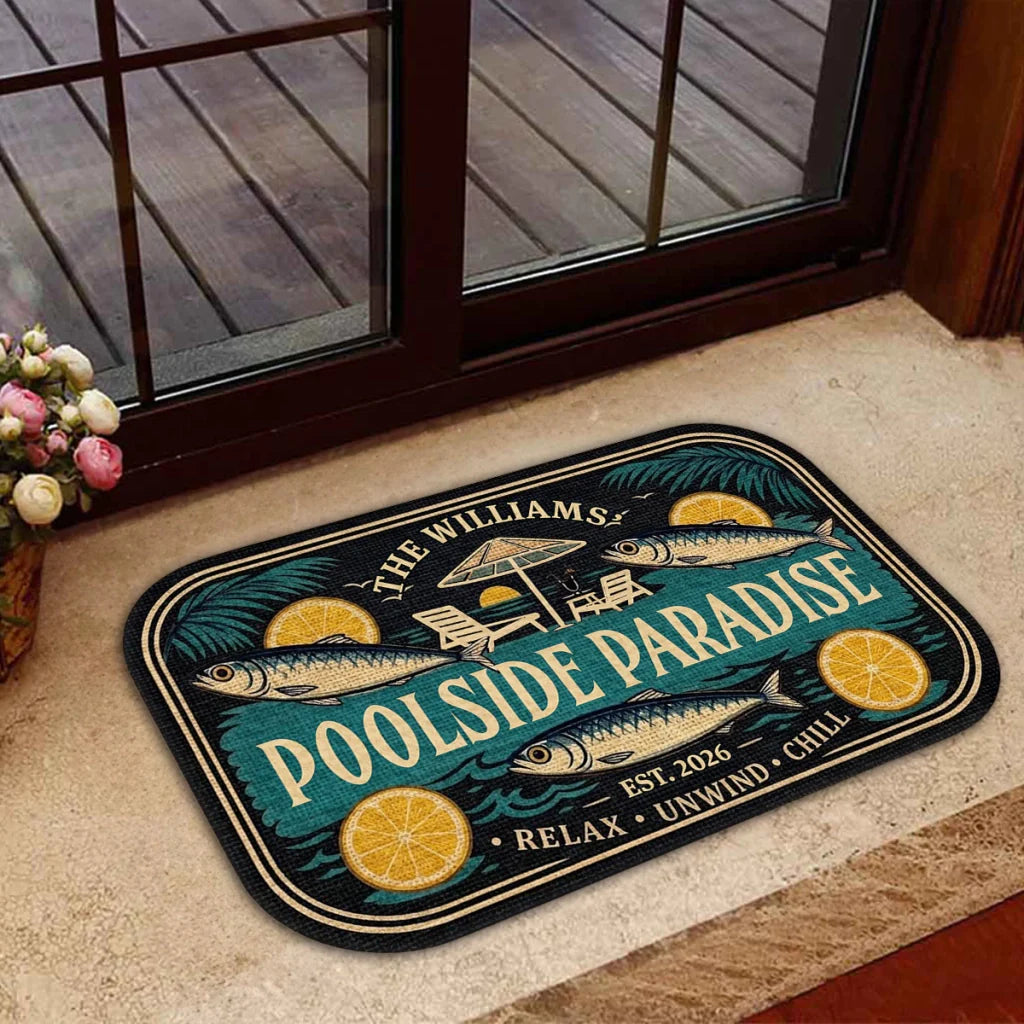 Personalized Standard Doormat, Poolside Fish & Citrus Art for Homeowners, Unique Creative Gift