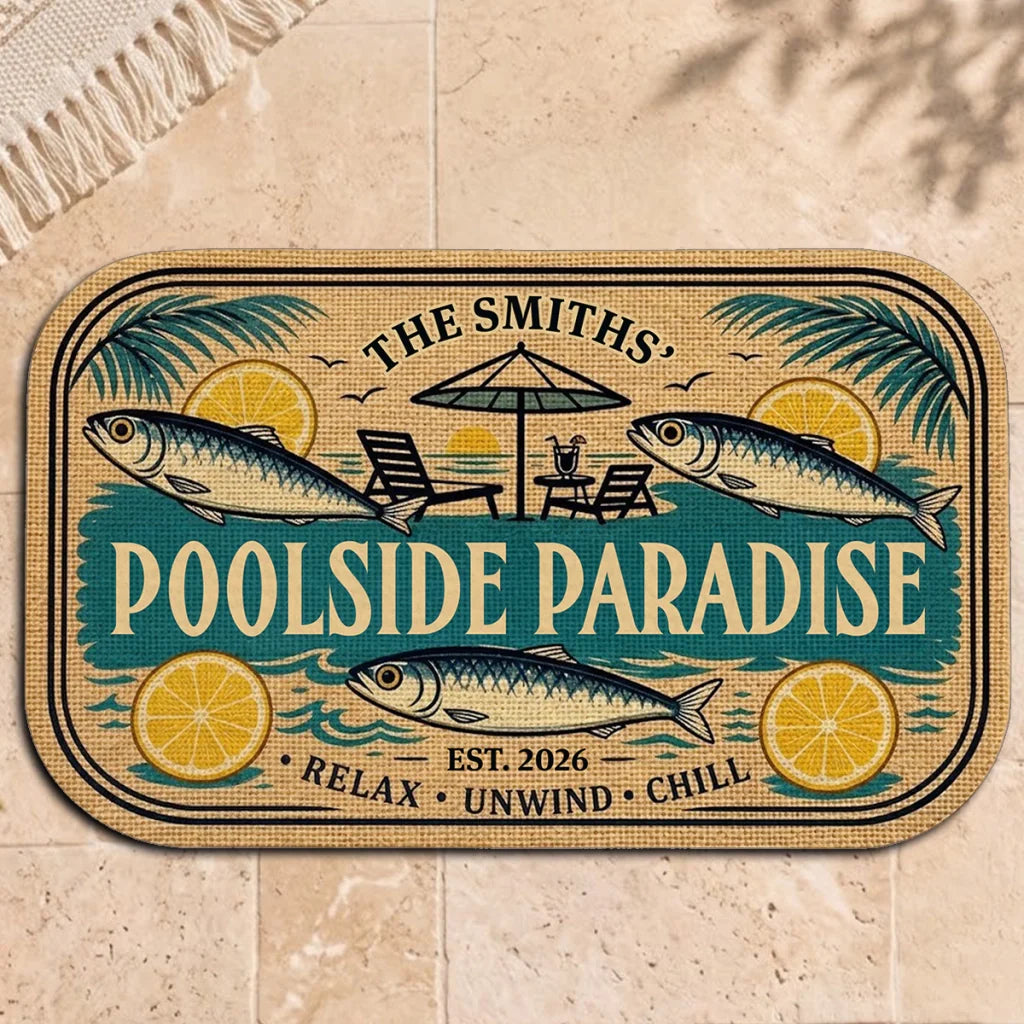 Personalized Standard Doormat, Poolside Fish & Citrus Art for Homeowners, Unique Creative Gift