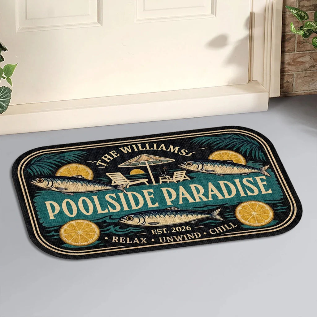 Personalized Standard Doormat, Poolside Fish & Citrus Art for Homeowners, Unique Creative Gift