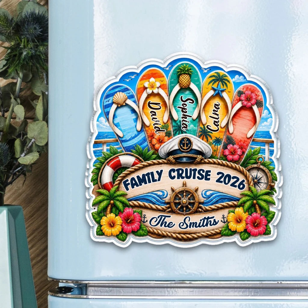 Personalized Acrylic Magnet, Family Cruise Beach Flip Flop Design, Unique Gift for Family Travel Memories