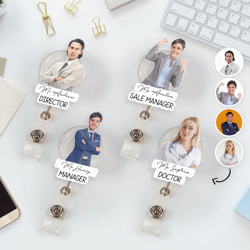 Personalized Acrylic Badge Reel with Illustrated Portrait Character, Unique Creative Gift for Coworker