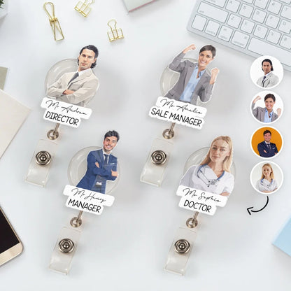 Personalized Acrylic Badge Reel with Illustrated Portrait Character, Unique Creative Gift for Coworker