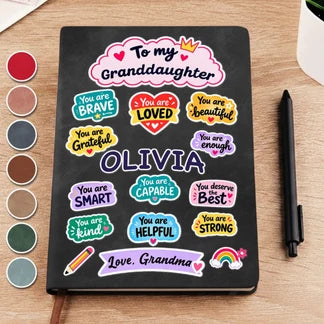 Personalized Leather Journal with Colorful Affirmations, Unique Gift for Granddaughter