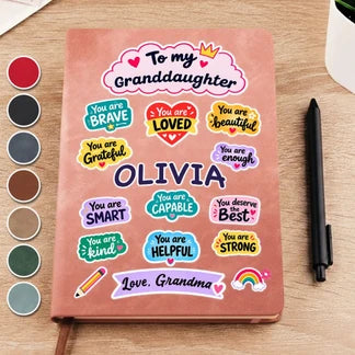 Personalized Leather Journal with Colorful Affirmations, Unique Gift for Granddaughter