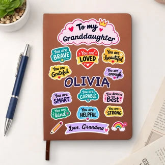 Personalized Leather Journal with Colorful Affirmations, Unique Gift for Granddaughter